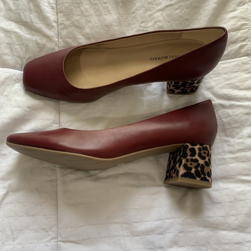 Dark Red Leather Leopard Pump Shoes - Picture 4 of 7
